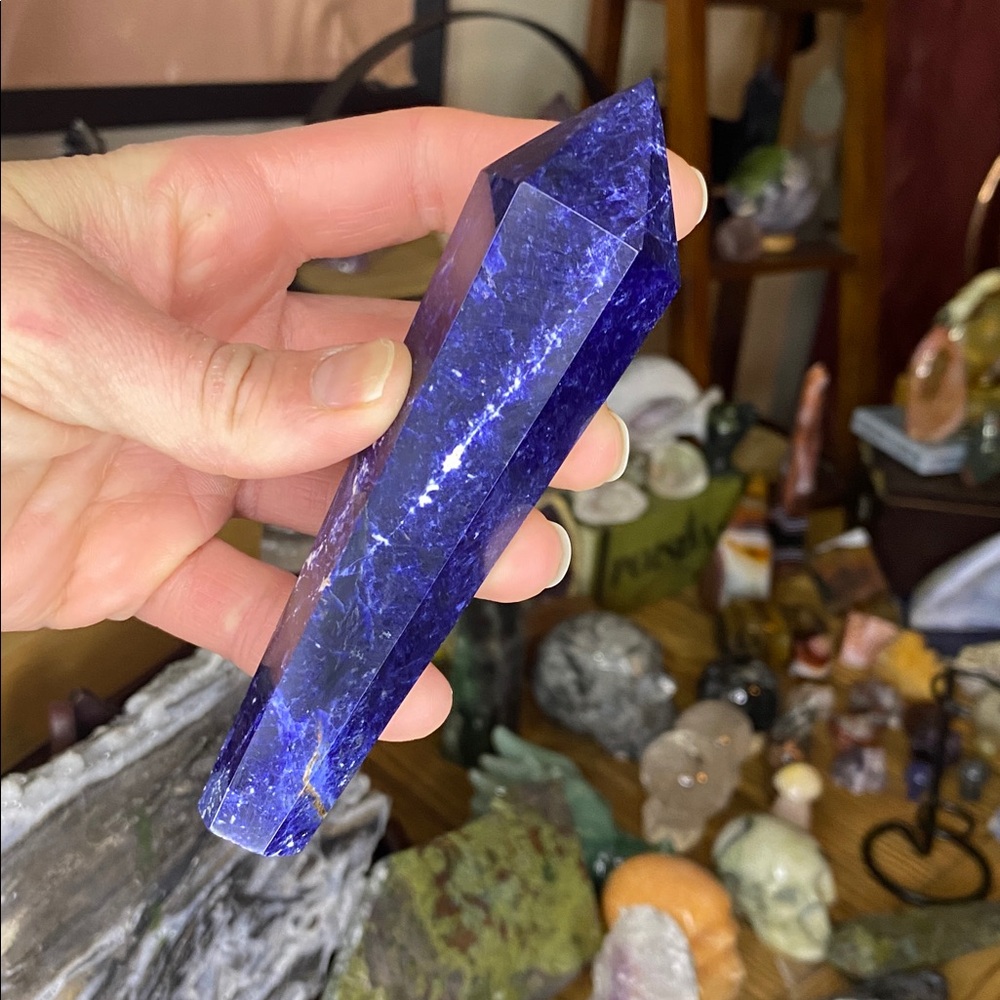 HQ Polished Deep Blue Sodalite Crystal Wand w/ Black Metal Stand